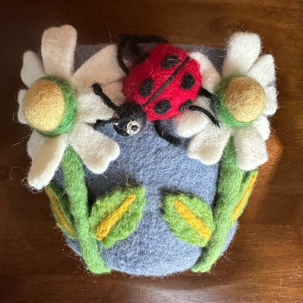 Handcrafted Felt Plant Pot/Basket Daisys with Ladybug 6.5” dZI fair trade